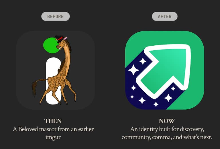 Imgur's original giraffe mascot beside the new upvote-inspired identity