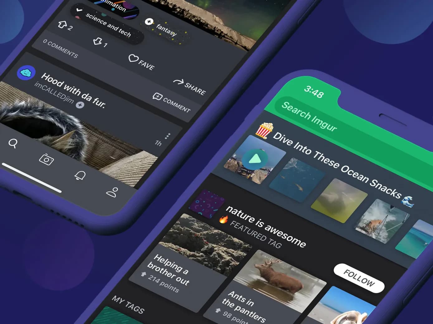 Imgur mobile feeds showing discovery, voting, tags, and saved collections