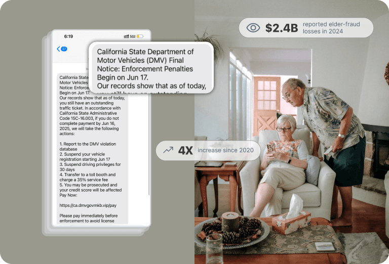 A suspicious text beside an older couple reviewing a phone, with elder-fraud statistics