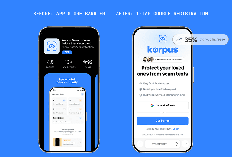 The Korpus App Store listing compared with the lower-friction web registration experience