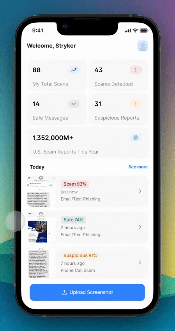 Korpus scam detection flow showing a suspicious message being checked